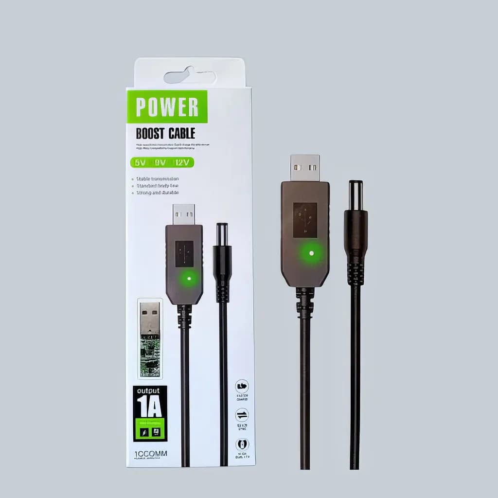 Power Boost 5V to 12V Cable — Power Boost USB 5V to 12V DC step-up converter cable for routers